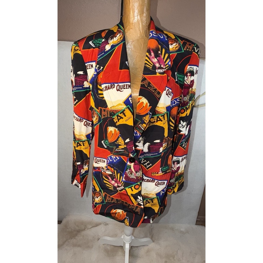 Women's Vintage Sunny Leigh Silk Blazer Retro Postcard Tom Cat Design Size Large